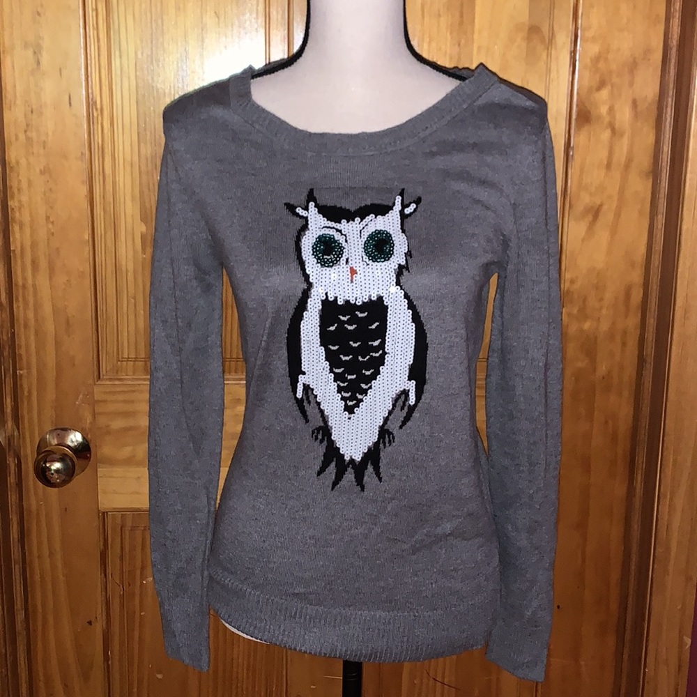 Gray Saks Fifth Avenue Owl Sequin Sweater XS